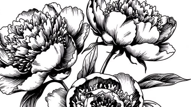 Monochrome Floral Drawing featuring Elegant Peonies and Detailed Line Work