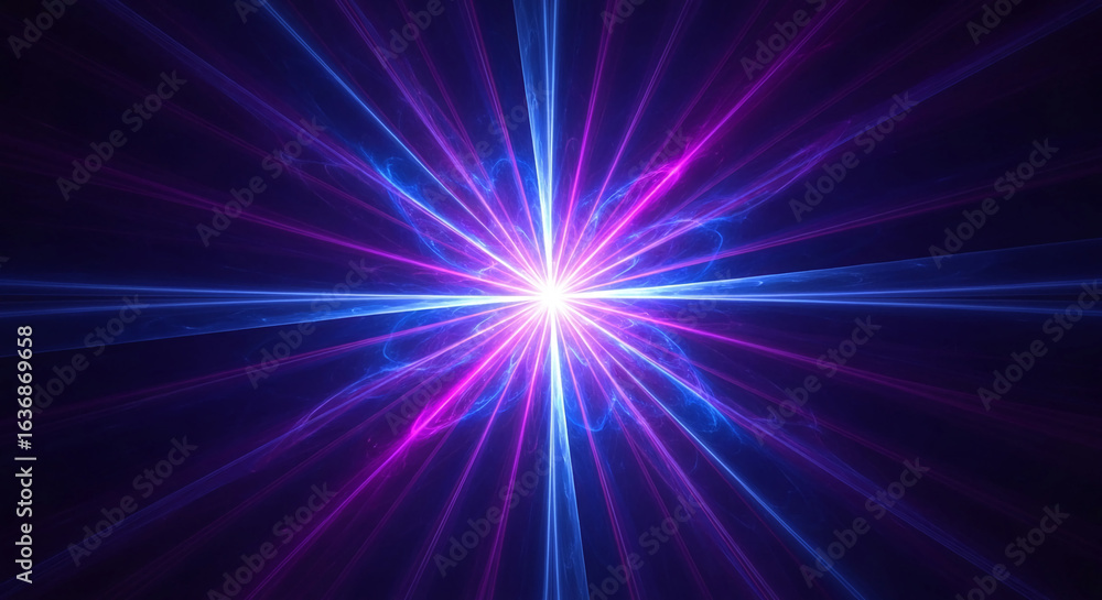 Poster abstract image of blue and purple light rays emanating from central point, creating dynamic and ener
