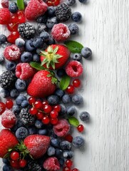 Obraz premium a lively mix of fresh and frozen berries on a white wooden table ideal for displaying summer fruits with plenty of copy space image