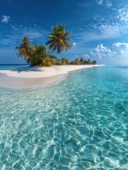 Fototapeta premium maldives tropical islands panoramic scene with idyllic beach and palm tree vegetation clear water of the indian ocean sea holiday vacation in tourist resort generative ai