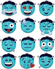 Obraz premium large set of emoticons with various emotions on blue Frankenstein faces, stylized emoticons for Halloween. For social networks, stickers for holiday decorations