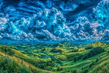 Summer panorama of green mountain ranges with clouds and blue sky