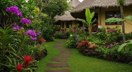 Tropical garden path and buildings