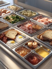 assortment food in modern school canteen on trays