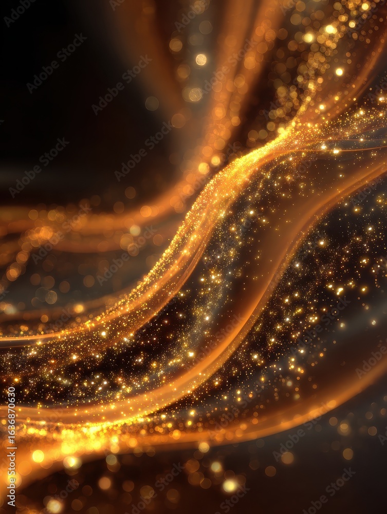 Poster abstract golden background with sparkling light particles and smooth wavy lines
