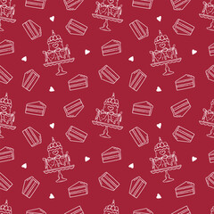 Red seamless pattern with whimsical cake illustration. Hand drawn doodle sketch for wedding, birthday, party illustration. Vector illustration