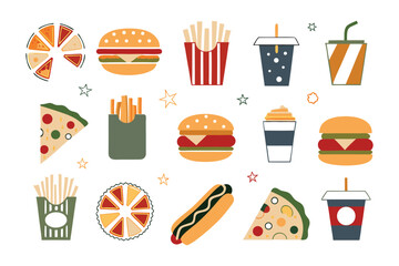 Fast Food Assortment: a vibrant and delicious array of fast food favorites illustrated in a delightful arrangement, promising a tempting feast for any casual gathering.