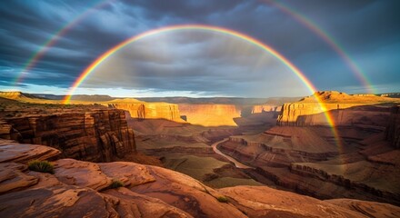 Vibrant Double Rainbow Arches Over Grand Canyon's Sunlit Terracotta Walls and Winding River