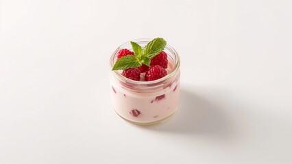 Raspberry Yogurt Dessert in a Jar Garnished with Mint, a Delicious and Healthy Treat