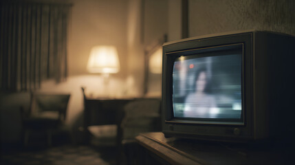 Moody retro hotel suite with vintage decor and soft lighting featuring an outmoded TV showing hazy news scene of a woman in muted tones evoking early 2010s nostalgic ambiance
