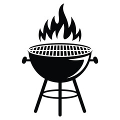 Black silhouette of a charcoal barbecue grill with flames silhouette
