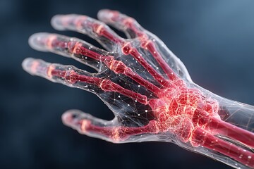 Detailed 3d rendering of a human hand showcasing the intricate network of bones, tendons, ligaments, and blood vessels