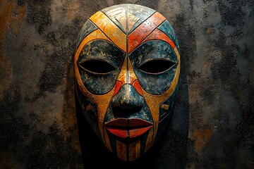 A ceremonial mask with bold hand-painted patterns and symbolic carvings, illuminated by dramatic lighting 