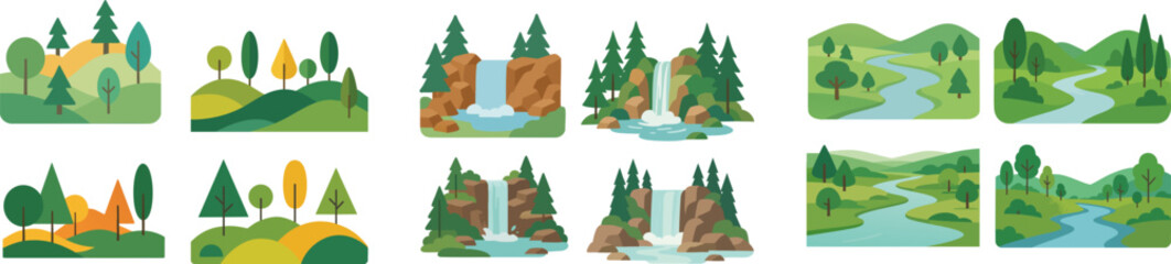 Obraz premium Collection of Stylized Natural Landscape Vector Illustrations.