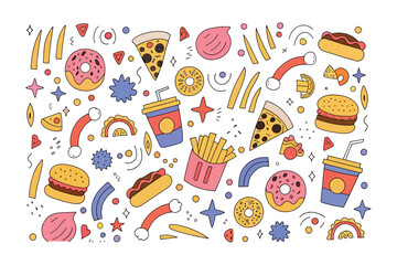Delicious Doodle: A vibrant doodle art composition bursts with delightful food illustrations including pizza, burger, donut, hotdog, and more, evoking a sense of fun and culinary pleasure.