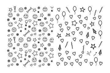 Abstract Festive Ornament: A playful pattern of hand-drawn stars, smiley faces, hearts, and other whimsical elements, creating a lively and celebratory design.