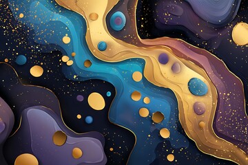 Abstract fluid art painting background with blue, purple and gold colors creating a vibrant and luxurious design element