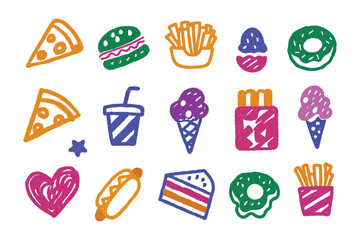 Delicious Doodles: A colorful and appetizing array of hand-drawn fast food icons, perfect for illustrating culinary concepts.