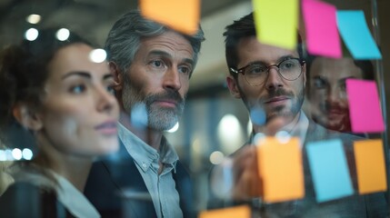 creative group of business people brainstorming putting sticky notes on glass wall in office no logos no brands ar 169