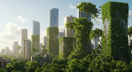 Urban structures integrated with lush vegetation