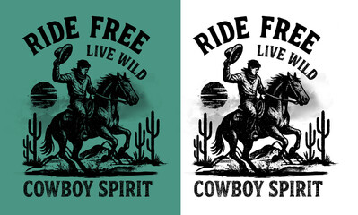 A cowboy illustration featuring a classic western theme. The artwork includes traditional cowboy and t-shirt designs with content related to the Wild West or country lifestyle.	