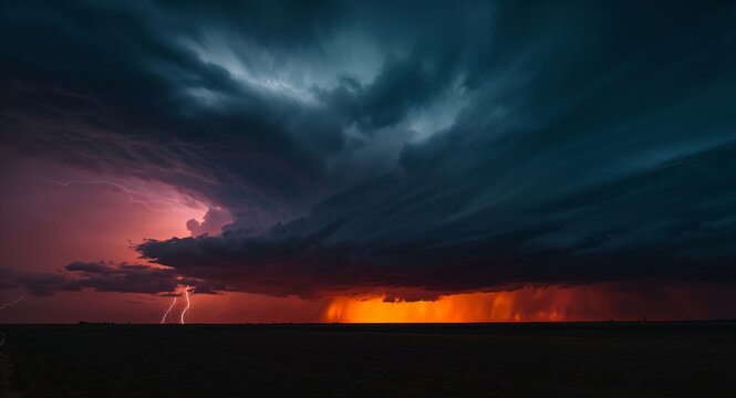 Electric Sky. A Dramatic Storm with Lightning and Heavy Rain Over a Field.