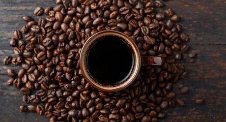 Fototapeta premium Aromatic Dark Coffee in Brown Cup Surrounded by Roasted Coffee Beans, Top View.