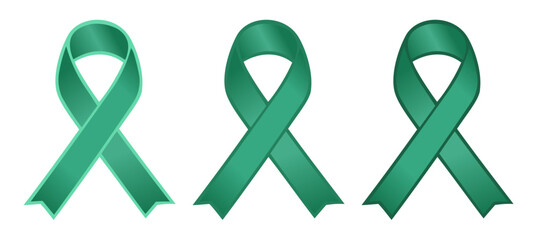 Set of three green color awareness ribbons representing gallbladder cancer, bipolar disorder, mental health , climate change awareness campaigns and events, flat vector on transparent background