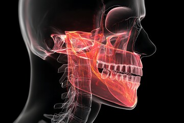 Detailed 3d rendering of a human jaw skeleton highlighting joint pain and inflammation on a dark background for medical illustration
