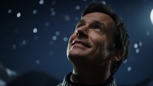 A happy man smiling while looking up at the magical starry night sky with a full moon - Powered by Adobe