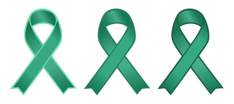 Set of three green color awareness ribbons representing gallbladder cancer, bipolar disorder, mental health , climate change awareness campaigns and events, flat vector on transparent background