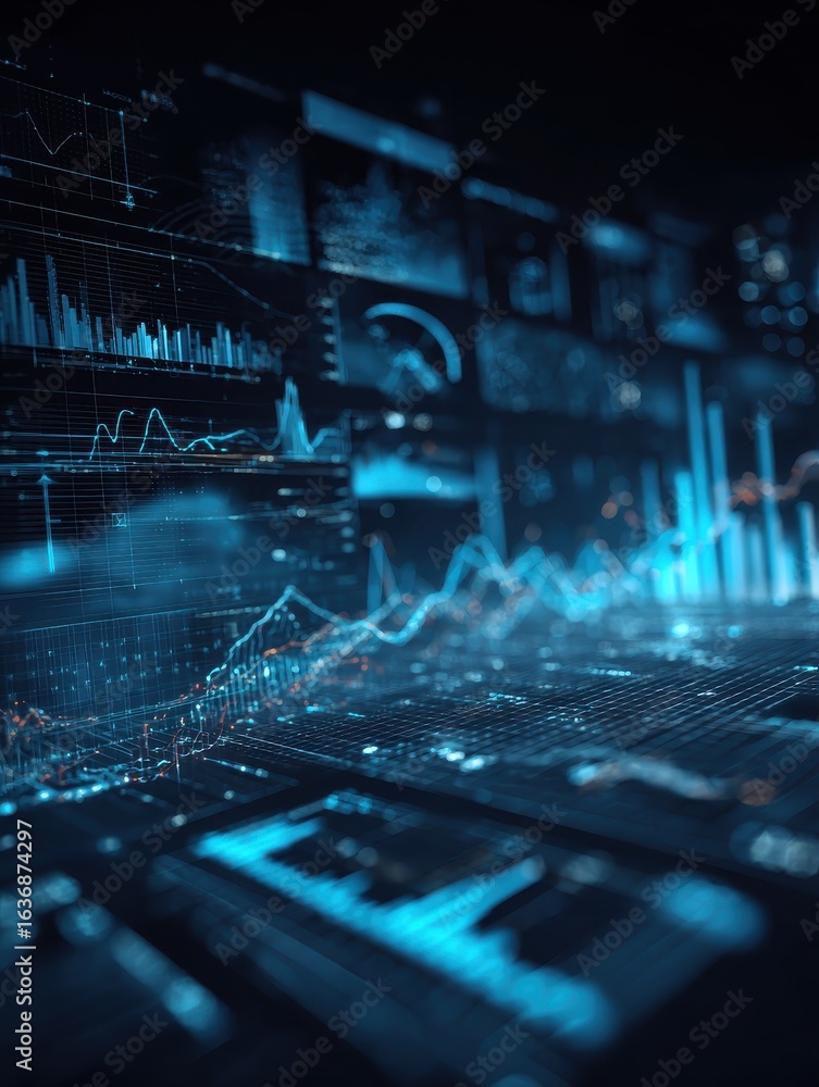 Aufkleber digital data visualization with blue tones featuring graphs and charts that represent statistical in