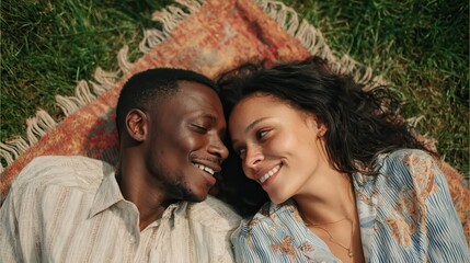 young multiethnic couple lying on blanket on grass latin woman with her african boyfriend relaxing on picnic blanket outdoor mature happy couple in love lying on grass with copy space no logos no bra