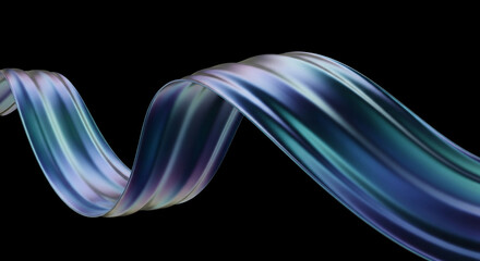 Obraz premium Abstract iridescent ribbon swirling on black background, showcasing smooth, flowing lines and texture, symbolizing elegance, movement, and fluidity, ideal for design or technology concepts