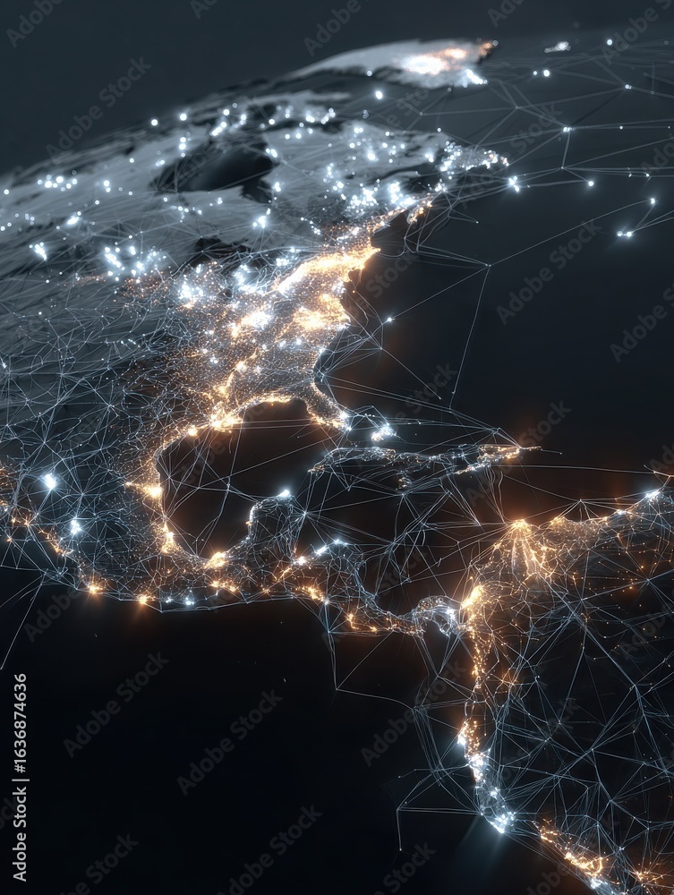 Poster a stylized digital world map illustrating global connectivity with glowing network nodes