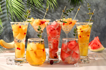 Melon and watermelon alcoholic cocktail with mint. Martini, mojito and royal sangria with melon slices, ice, mint and currants. Summer party concept, advertising for a bar or cafe, detox diet