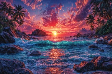 Orange clouds reflect on the ocean as the sun sets, creating a beautiful seascape with vibrant colors over the calm water