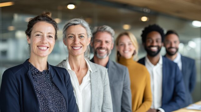 portrait of a smiling group of diverse corporate colleagues standing in a row together at a table in a bright modern office no logos no brands ar 169