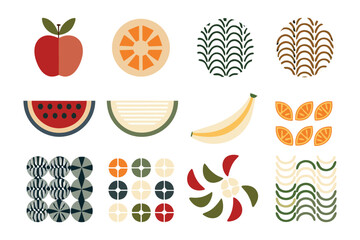 A Symphony of Fruits: A collection of vividly colored and stylized fruits, showcasing a range of textures and shapes in a flat design.