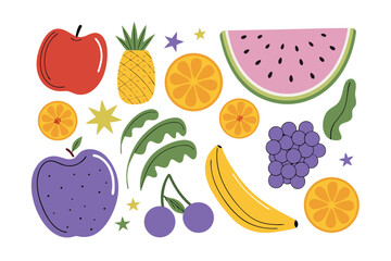 Wholesome Fruit Collection: A vibrant, hand-drawn ensemble of various fruits, each rendered in a charming and cheerful style, perfect for conveying freshness and natural goodness. 