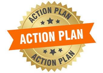 action plan. action plan round orange and gold label isolated on transparent background