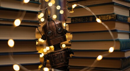Warm string lights on bookshelf