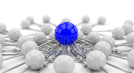 Network of white and blue spheres connected by silver rods, symbolizing connection, leadership, and communication in a team or system