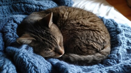 Tabby Cat Sleeping on Cozy Knitted Blanket