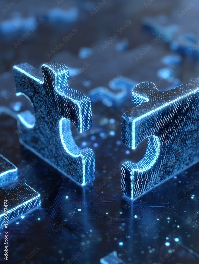 Poster digital puzzle pieces interlocking seamlessly glowing against a futuristic blue abstract background 