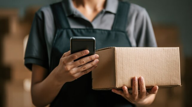 female warehouse worker seller small stock business owner holding phone mock up screen ad scan retail package parcel bar code on commercial shipping box delivery order on smartphone using mobile app