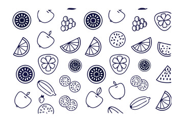 Artistic Fruit Pattern: A stylish, black and white illustration showcases an assortment of vibrant fruits arranged in a decorative pattern. Featuring elements like kiwi, grape, apple.