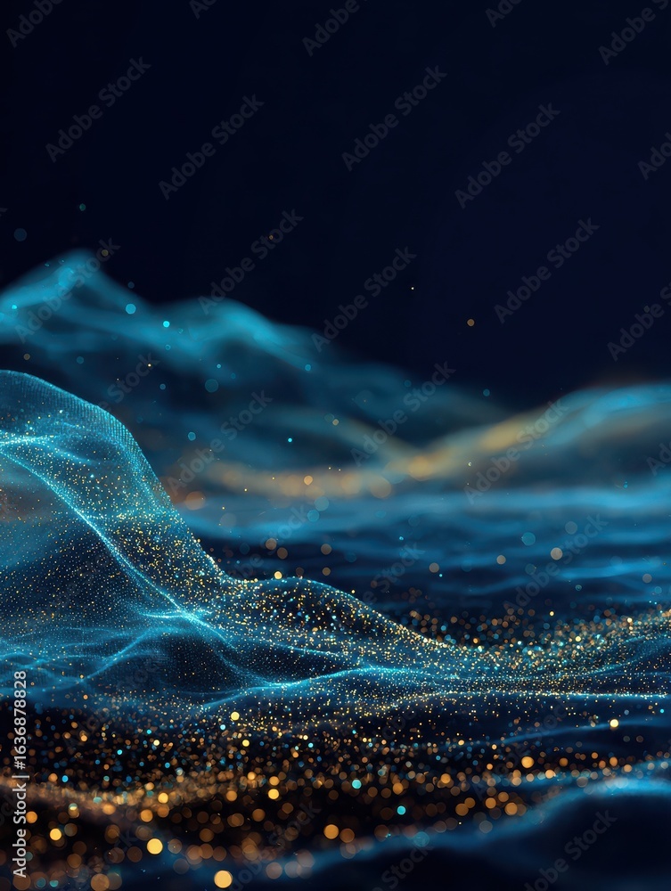 Poster dark backdrop abstract scene with blue waves and shimmering particles create mesmerizing visual expe
