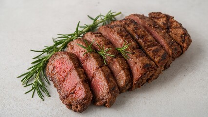 Sliced Grilled Beef Steak with Rosemary, Ready to Serve. Appetizing Meal.