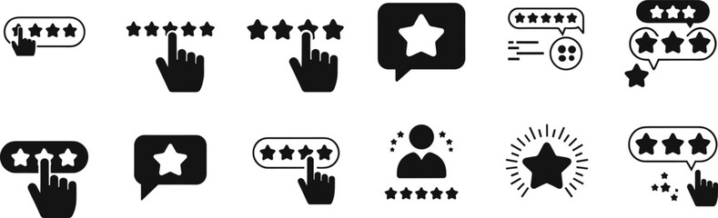 Star rating icon set, user feedback vector, review system graphics, hand selecting stars, survey interface symbols, rating UI pack